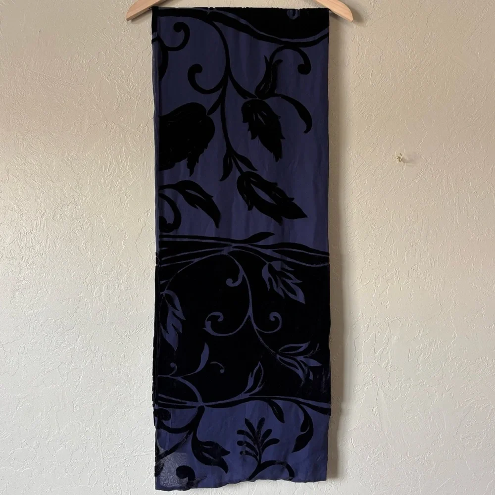 Silk Blend Burnout Velvet Scarf Navy Blue Floral 14x74 Elegant Lightweight